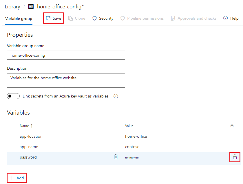 Capture d'écran de la configuration et de l'enregistrement d'un groupe de variables.