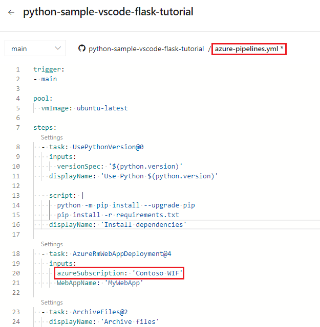 Capture d’écran des paramètres de connexion de service YAML.