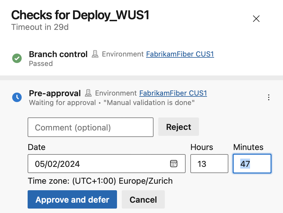 Capture d’écran de la configuration de l’heure pour une approbation. 