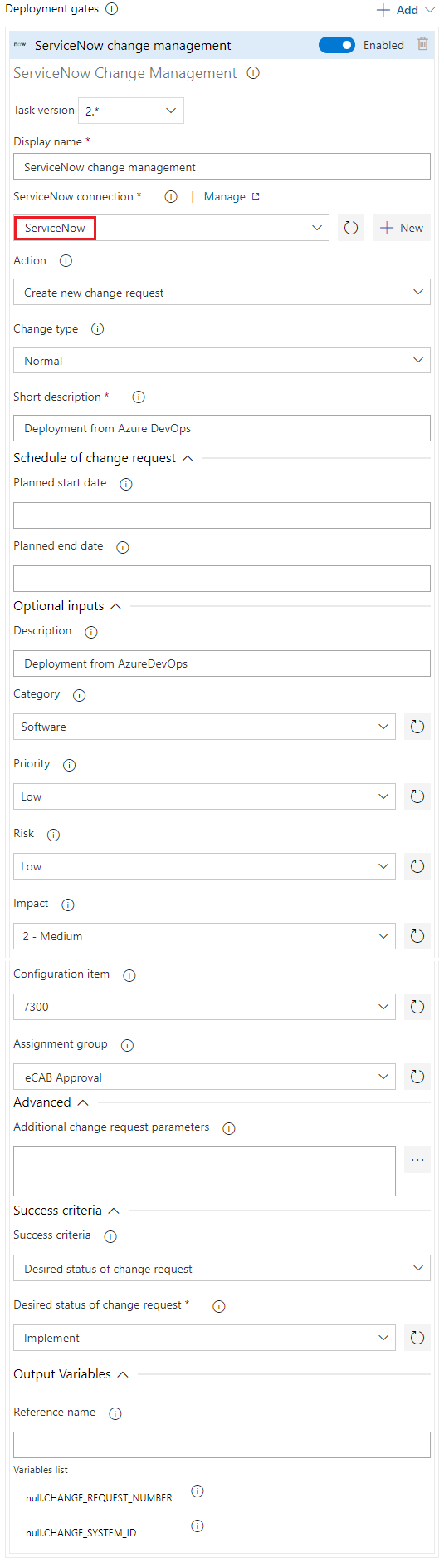 Une capture d’écran montrant comment configurer la porte de Change Management de ServiceNow.