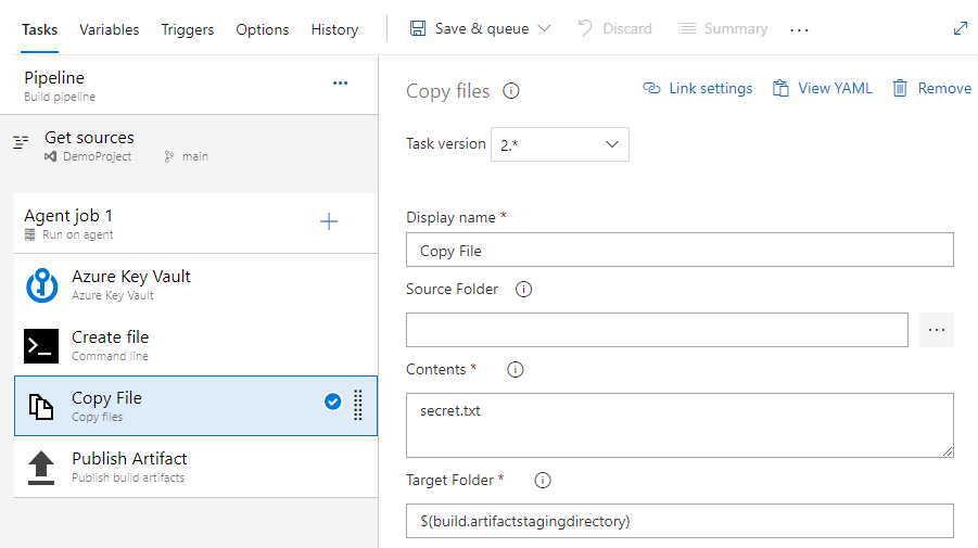 Capture d’écran montrant comment configurer la tâche de copie de fichiers dans des pipelines classiques.