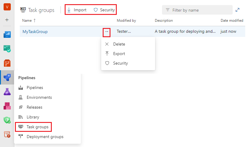 Capture d’écran montrant la liste des groupes de tâches.