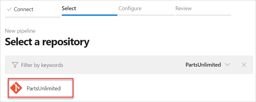 Page sur laquelle vous sélectionnez un référentiel pour votre pipeline de code source.