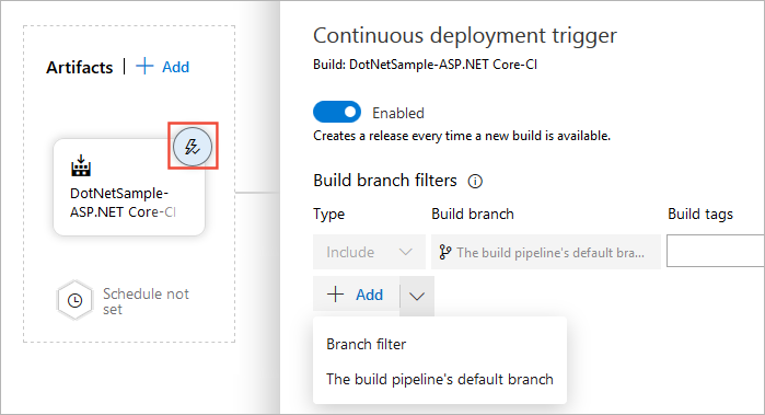 Capture d’écran montrant comment configurer le déclencheur de déploiement continu dans un pipeline de mise en production.