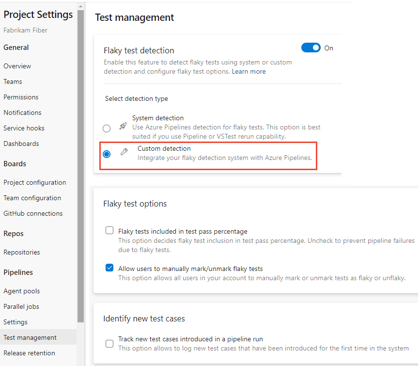 Capture d’écran de la gestion des tests, détection de test non fiable activée, détection personnalisée.