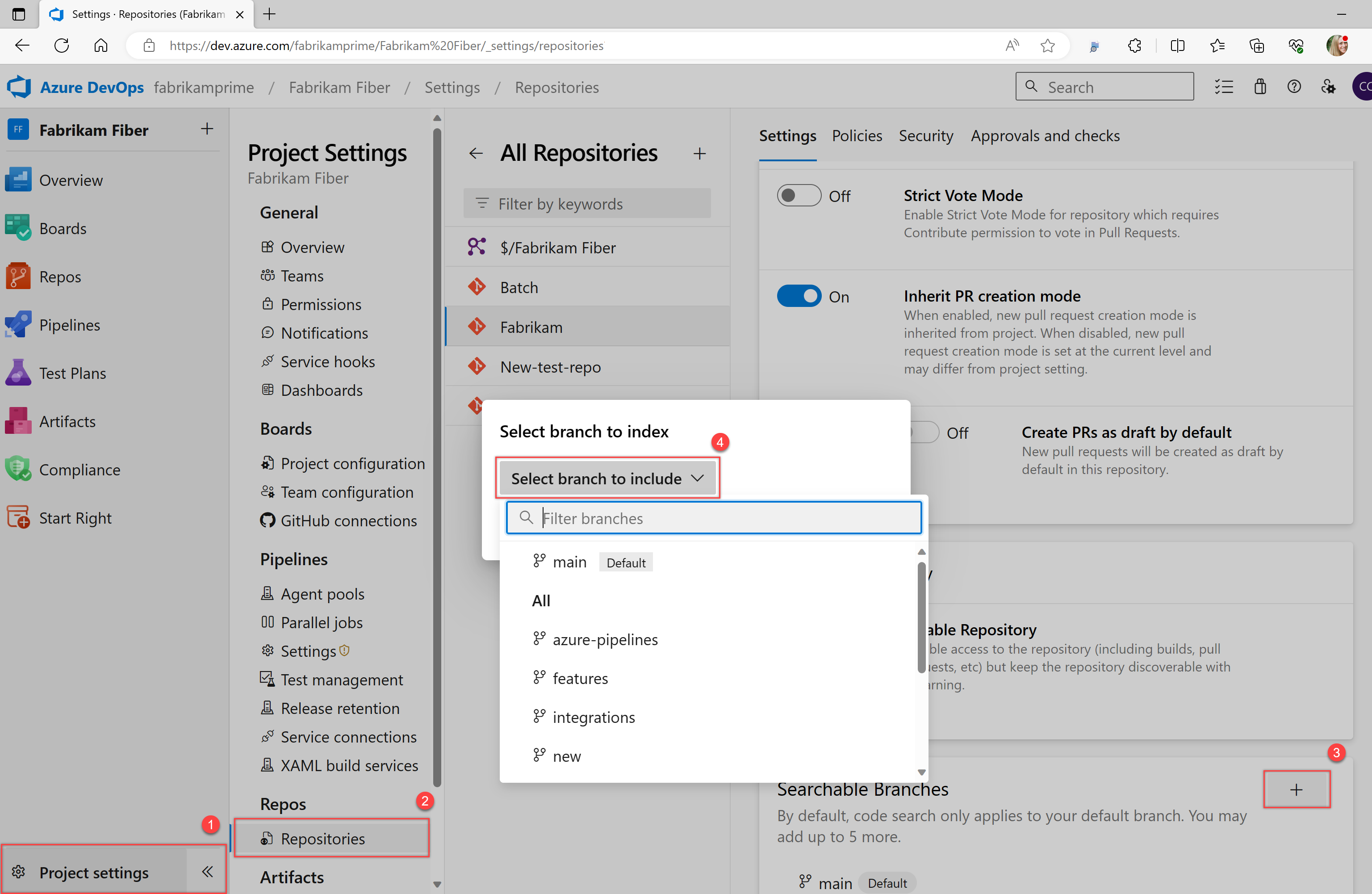 Capture d’écran montrant les branches Git pour la configuration.