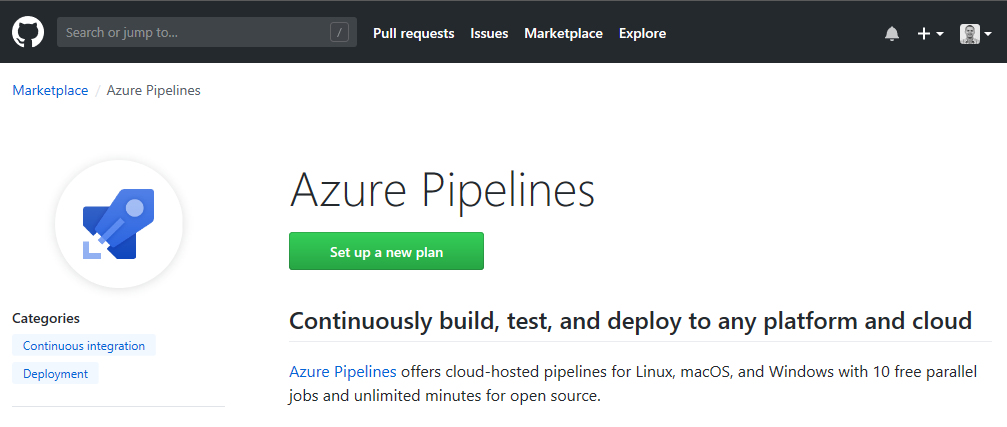 Application Azure Pipelines dans la Place de marché GitHub