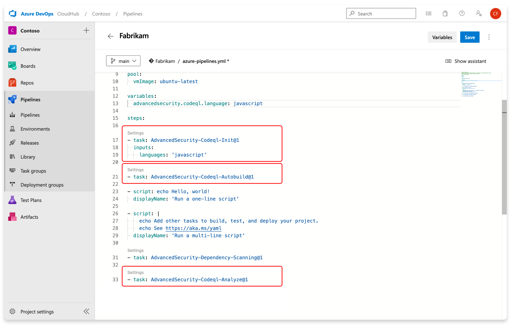 Capture d’écran des tâches d’analyse de code requises.