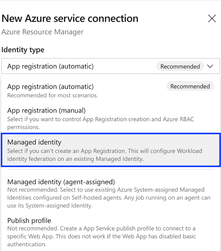 Capture d’écran de la prise en charge de Managed Identity.