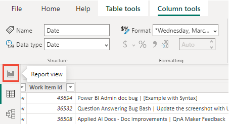 Capture d’écran de la sélection de la vue Rapport Power BI.