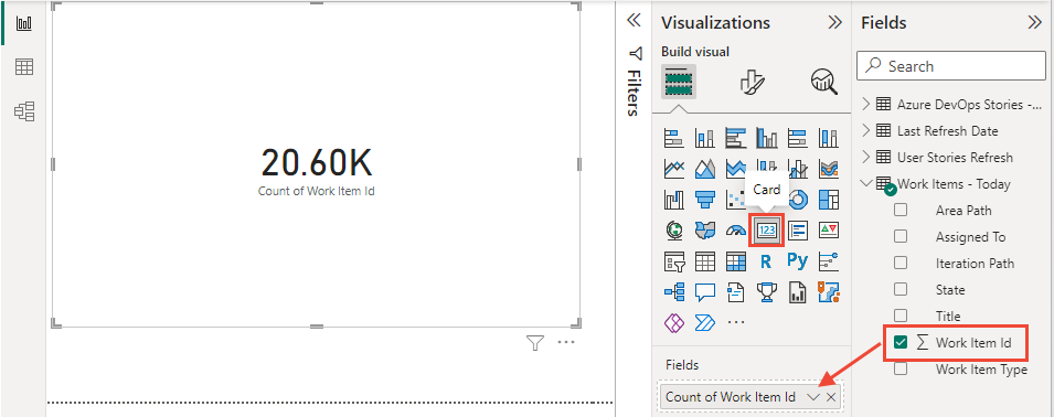 Capture d’écran des visualisations Power BI, choisissez Carte et ajoutez l’ID d’élément de travail aux champs. 