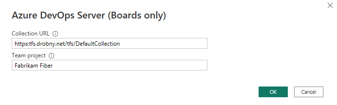 Capture d’écran de Power BI, Boîte de dialogue permettant d’entrer la collection de projets Azure DevOps et le nom du projet.