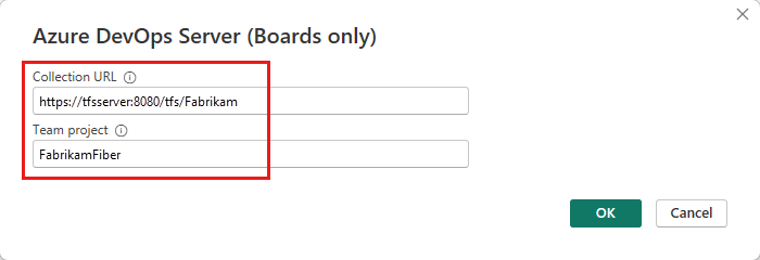 Capture d’écran montrant la boîte de dialogue Azure DevOps Server dans laquelle vous pouvez entrer votre URL et votre projet.