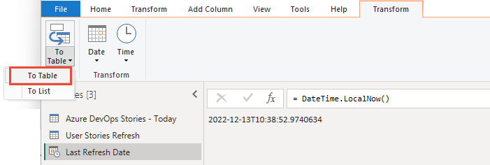 Capture d’écran de Éditeur Power Query, option To Table.