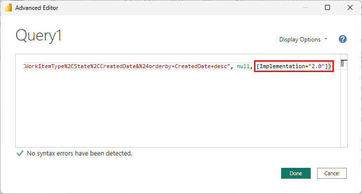 Capture d’écran montrant le flux OData Power BI avec le Éditeur avancé fait défiler jusqu’à la fin.