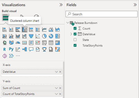 Capture d’écran des sélections de visualisations et de champs Power BI pour le rapport de graphique en colonnes en cluster de mise en production. 