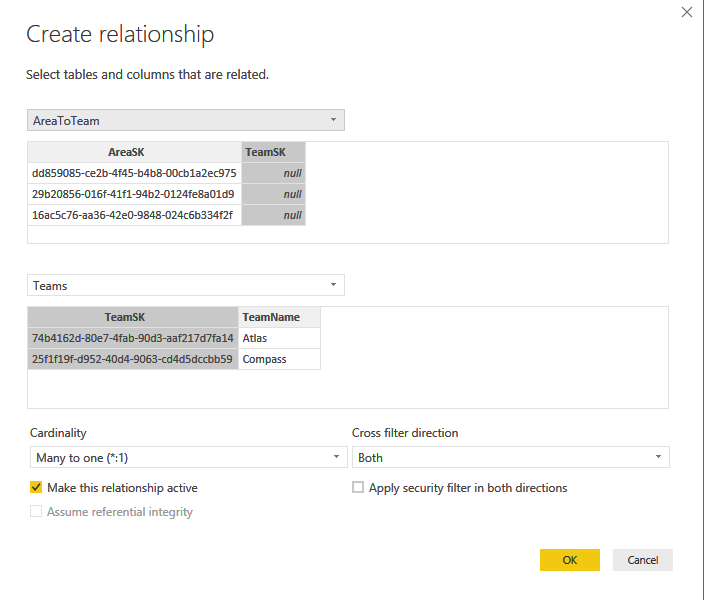 Mappage Power BI Desktop, Accueil, Gérer les relations, AreaToTeam et Teams