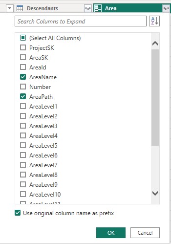 Capture d’écran de la transformation de données Power BI, colonne Expand AreaPath.