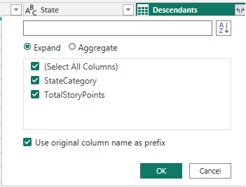 Capture d’écran de la colonne Descendants Power BI, développez les options. 