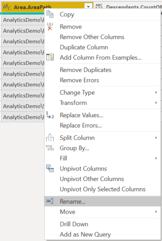 Capture d’écran de la transformation de données Power BI, renommer des colonnes.