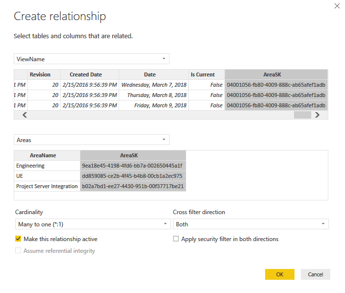 Power BI Desktop, boîte de dialogue Gérer les relations, Affichage à zone