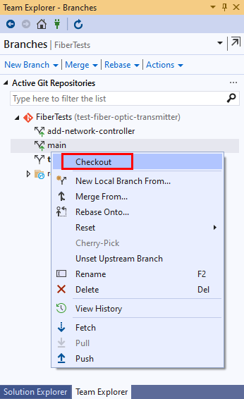 Capture d’écran de l’option de validation dans la vue Branches de Team Explorer dans Visual Studio 2019.