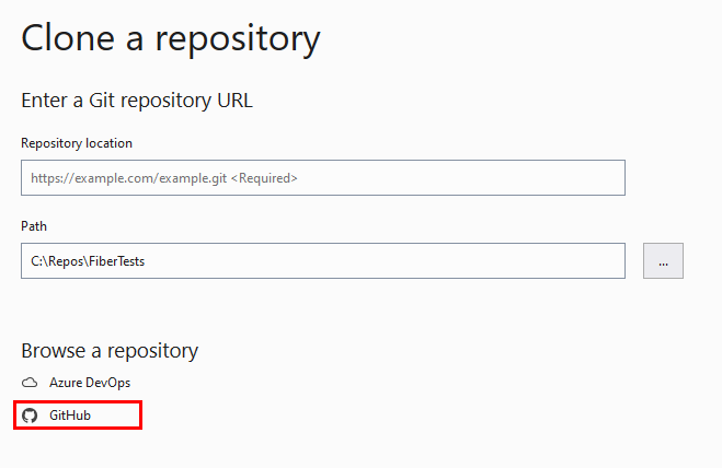 Capture d’écran de l’option GitHub de la fenêtre « Cloner le référentiel » dans Visual Studio.