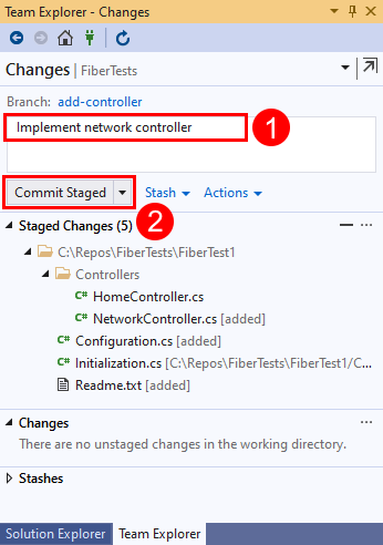 Capture d’écran du texte du message de validation et du bouton « Valider les modifications indexées » dans Visual Studio 2019.