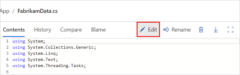 Capture d’écran montrant le bouton Modifier pour mettre à jour le code directement dans Azure Repos.