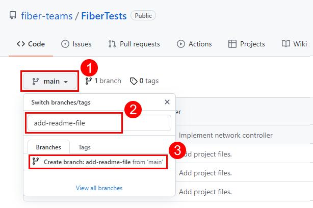 Capture d’écran de la boîte de dialogue « Changer de branches/balises » de la page principale d’un référentiel GitHub.