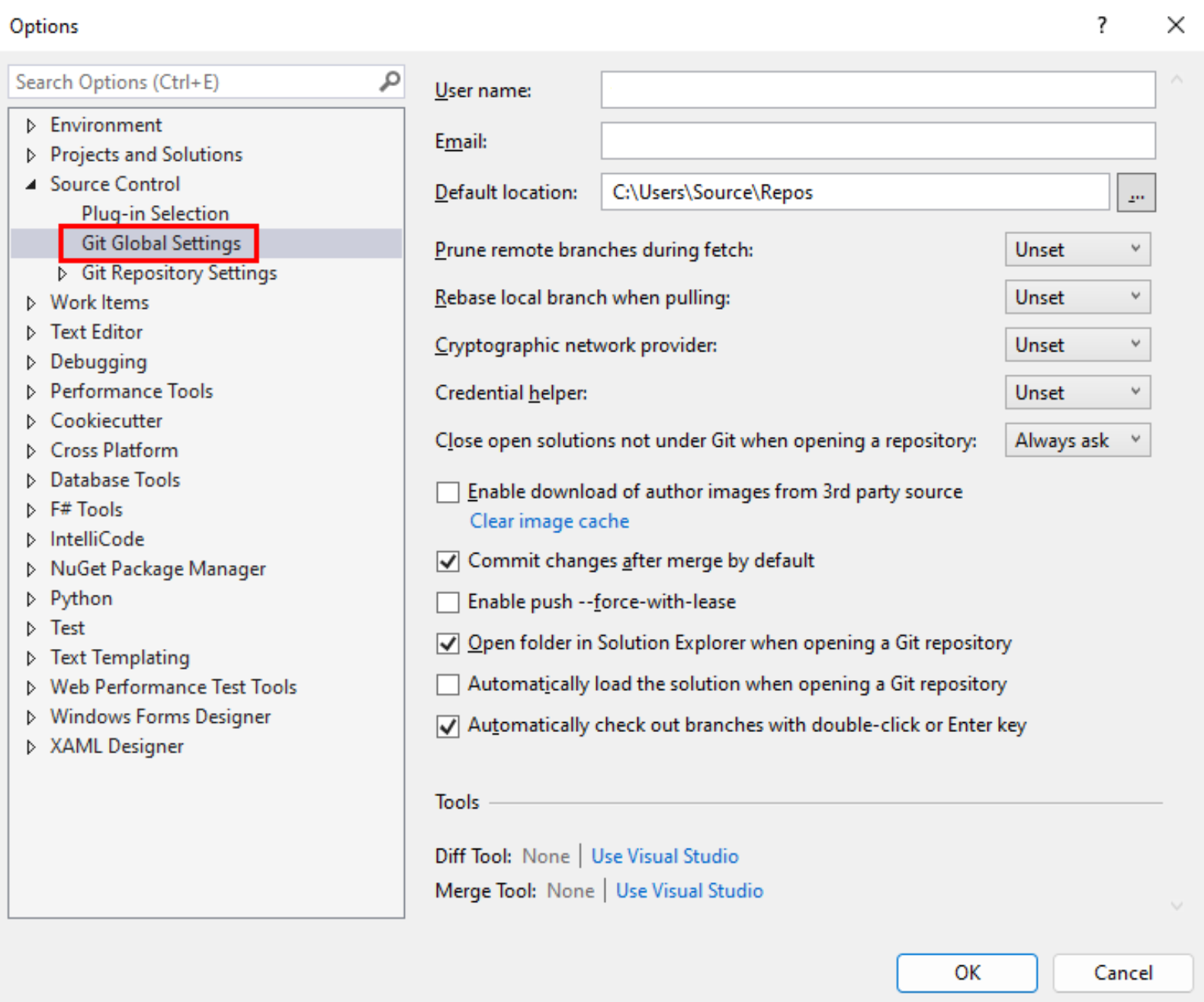 Capture d’écran des paramètres globaux Git dans la boîte de dialogue Options de Visual Studio.