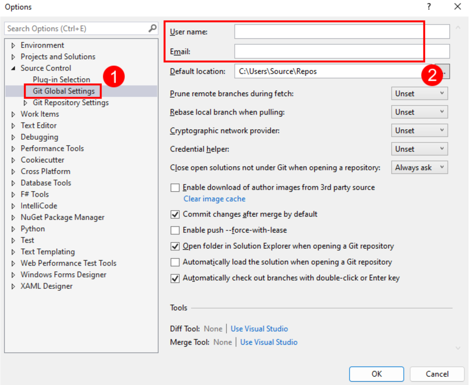 Capture d'écran des paramètres de nom et e-mail dans les Paramètres globaux de Git au sein de la boîte de dialogue Options de Visual Studio.