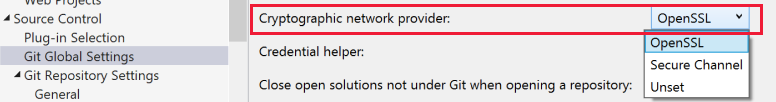 Capture d’écran du paramètre fournisseur de réseau de chiffrement avec OpenSSL sélectionné dans Visual Studio.