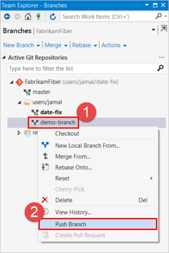 Capture d’écran de la branche Push dans Visual Studio.