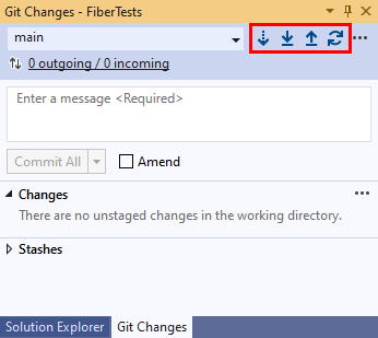 Capture d’écran des boutons Récupérer (fetch), Tirer (pull), Envoyer (push) et Synchroniser dans la fenêtre « Modifications Git » de Visual Studio.