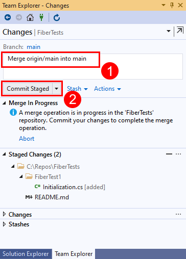 Capture d'écran du bouton Validation indexée dans la vue Modifications de Team Explorer dans Visual Studio 2019.