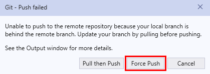 Capture d’écran de la boîte de dialogue Échec de Git-push dans Visual Studio 2022.