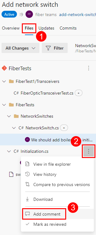 Capture d’écran menu contextuel de l’arborescence de fichiers sous l’onglet Fichiers d’une demande de tirage Azure Repos.