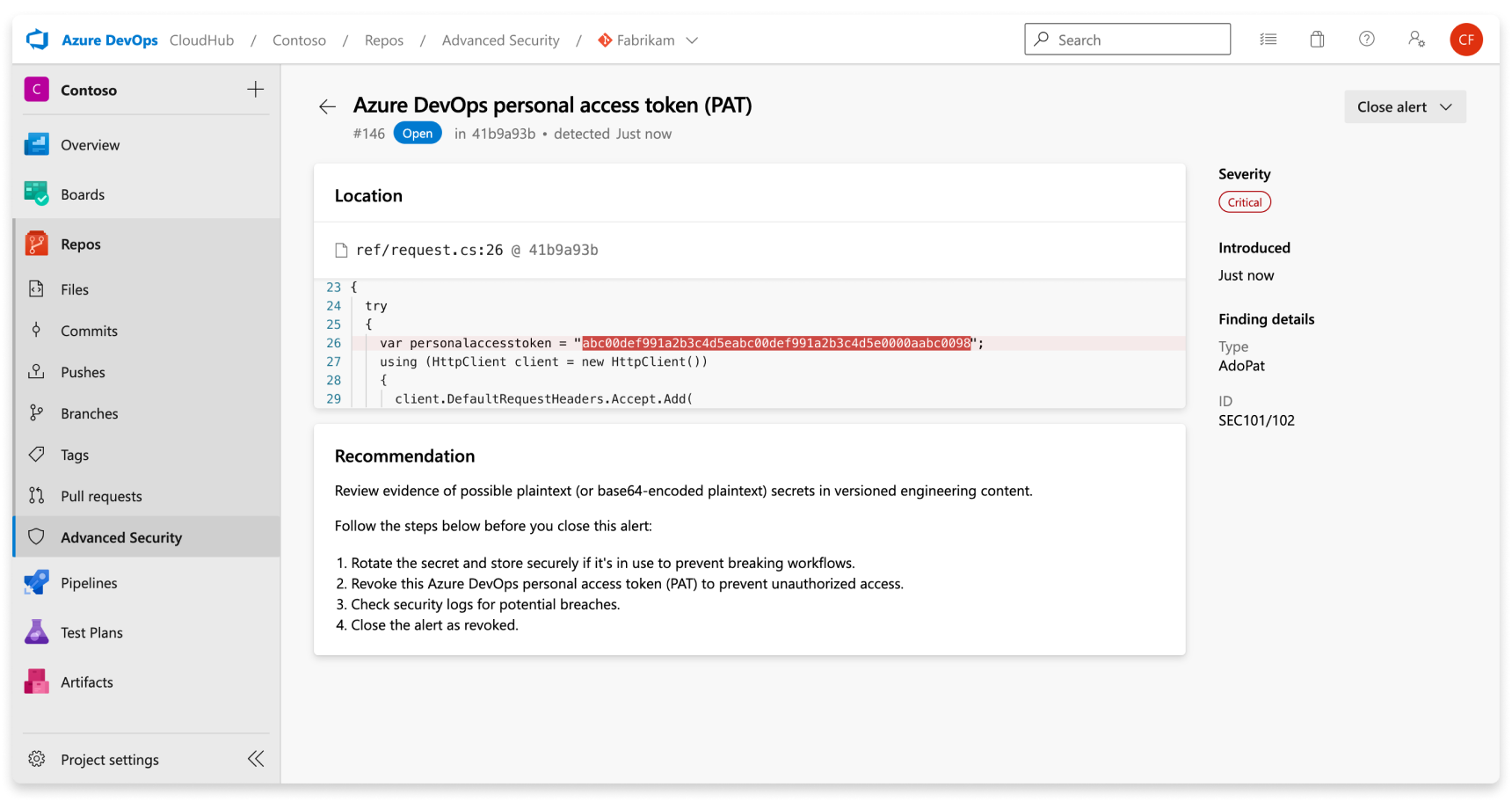 Capture d’écran montrant les détails d’une alerte d’analyse de secret