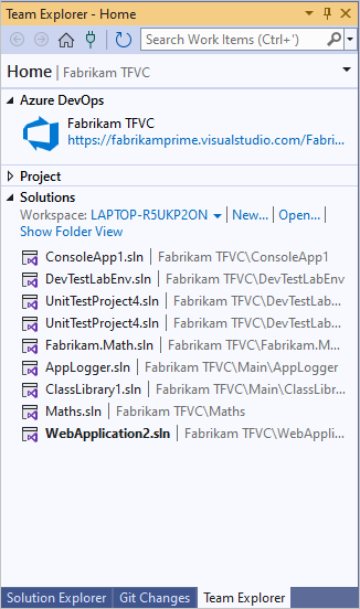 Capture d’écran montrant les solutions dans la page d’accueil de Team Explorer.