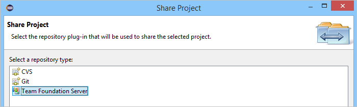 Boîte de dialogue Partager un projet avec TFVC sélectionné