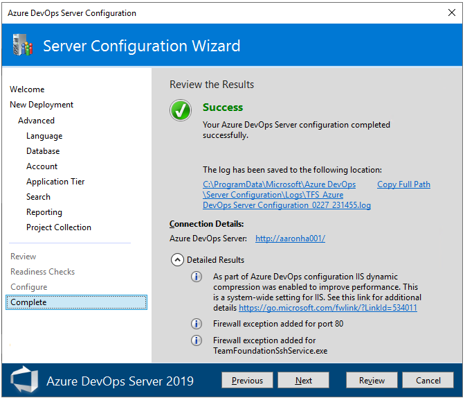 Capture d’écran de la configuration avancée, page Terminer.