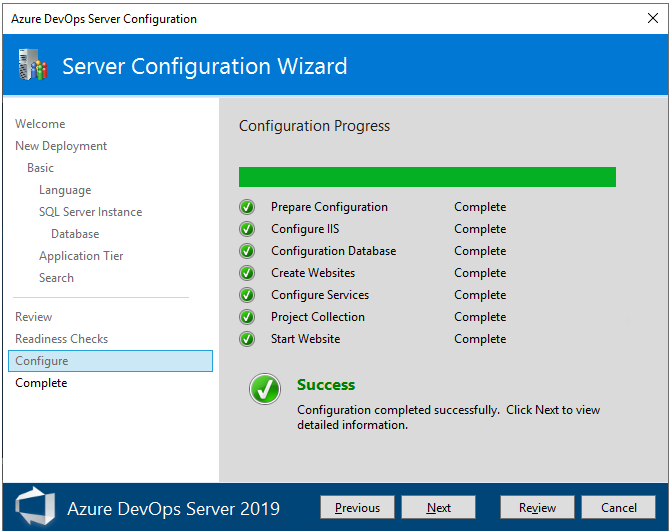 Capture d’écran de la progression de la configuration 2019. 