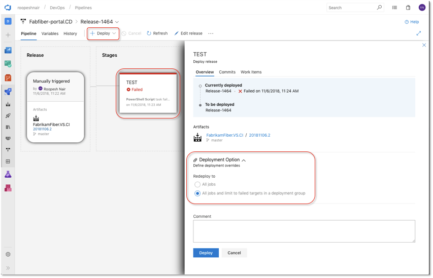 Capture d’écran montrant l’option Déployer sélectionnée, un échec de test et la section Option de déploiement appelée.