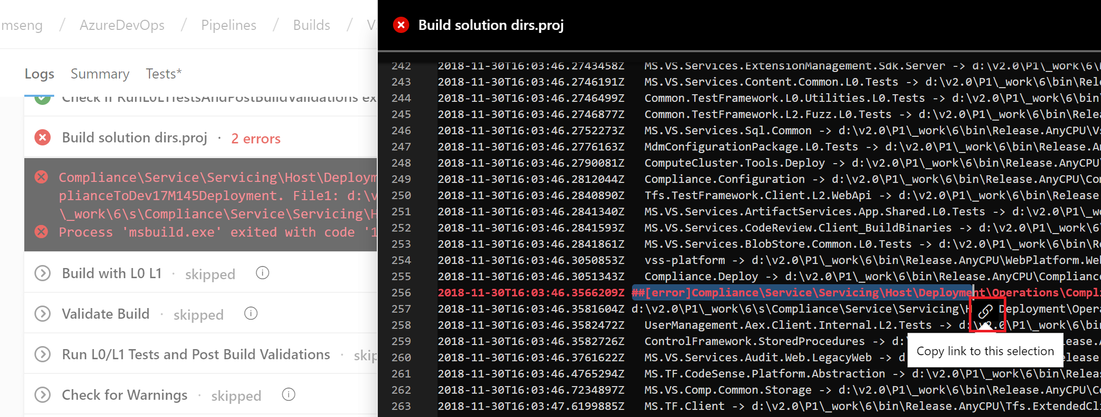 Capture d’écran du fichier Build solution dirs.proj avec une ligne du journal mis en surbrillance et l’option Copier le lien vers cette option de sélection appelée.