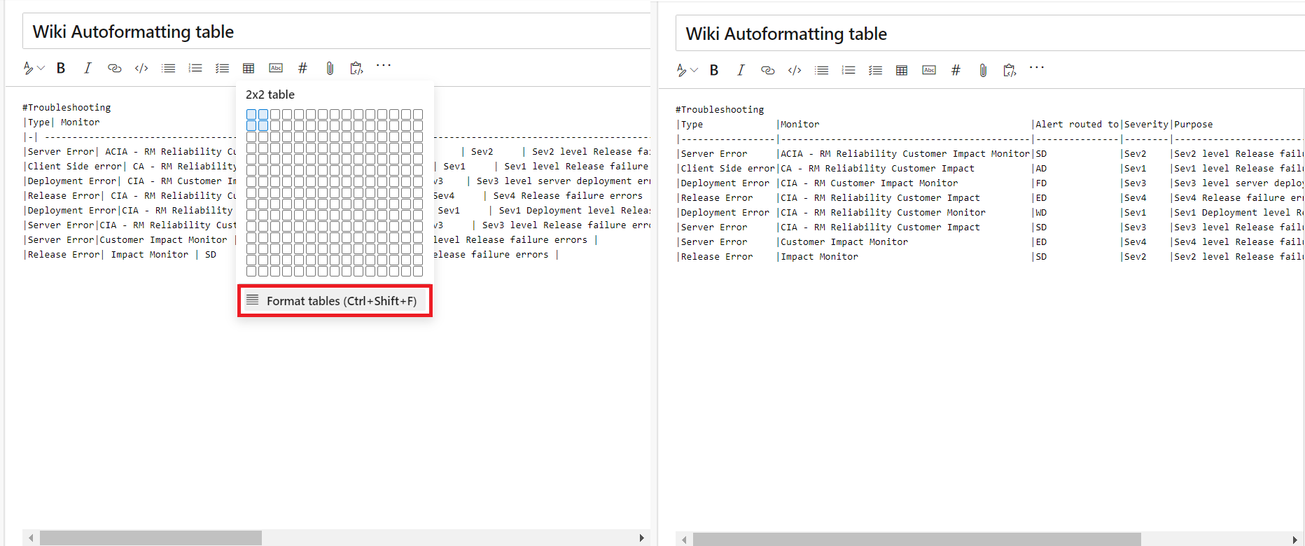 Capture d’écran d’une page Wiki avec l’option Mettre en forme les tables appelée.