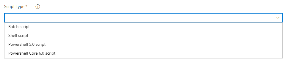 Capture d’écran de la tâche Azure CLI montrant que PowerShell et PowerShell Core sont des options dans la liste déroulante Type de script.