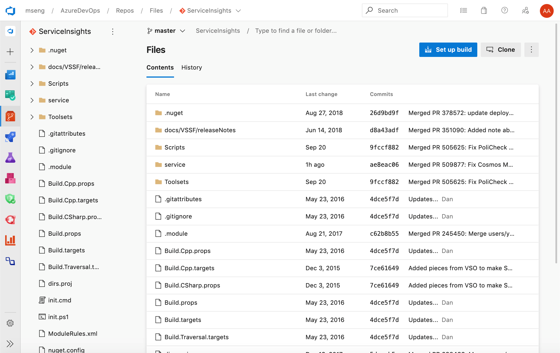 Capture d’écran de la nouvelle interface utilisateur web pour Azure Repos pages d’accueil.