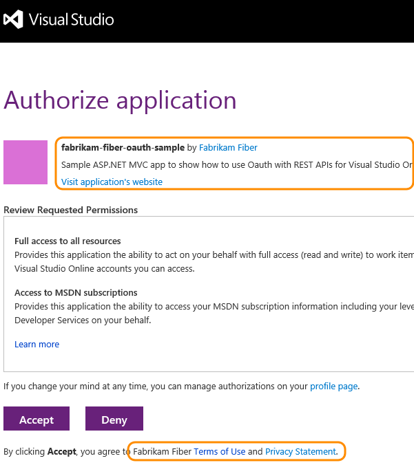 Capture d’écran de la page d’autorisation Azure DevOps