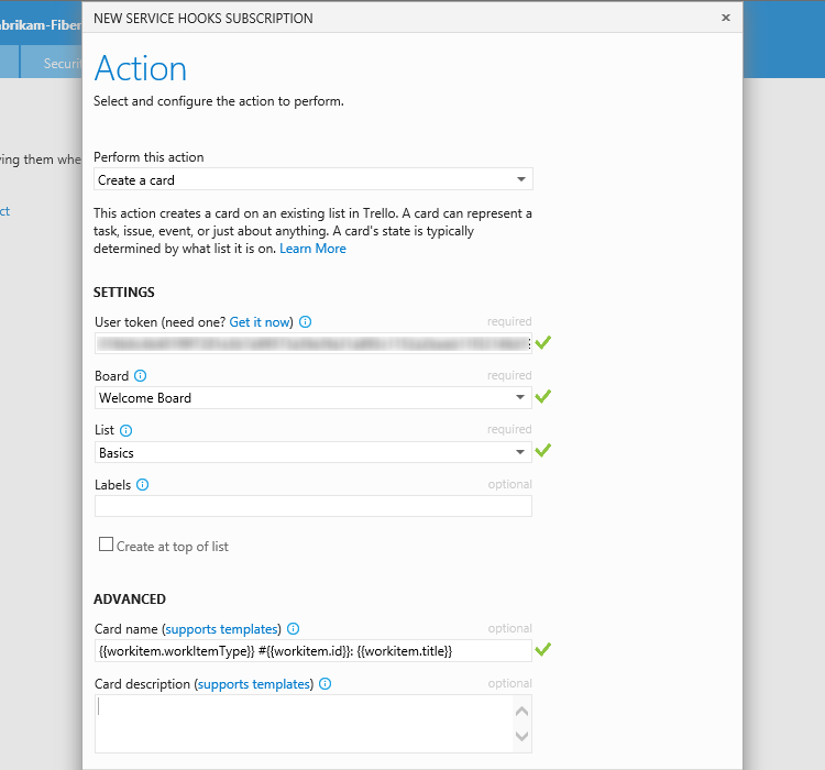 Page de configuration d’action